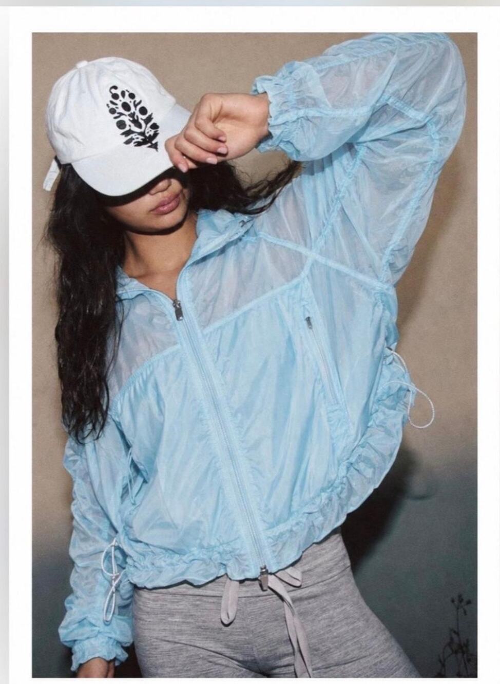 FP Movement Light Blue Sheer Ruched Hooded Performance Jacket NWT Size M $148